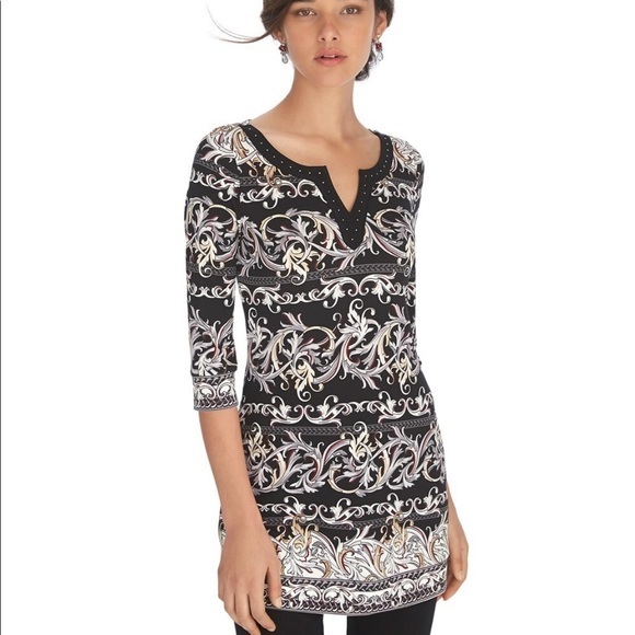 WHBM White House Black Market 3/4 Sleeve‎ Notch Neck Printed Tunic - Picture 1 of 7
